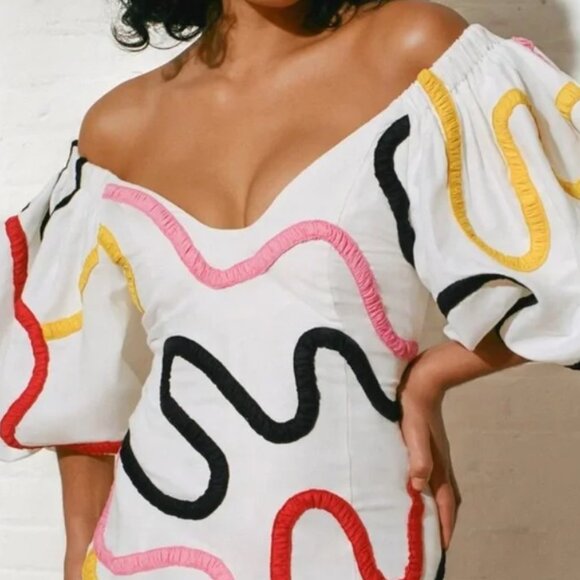 Mara Hoffman Namari Puff Sleeve Printed Linen Off the Shoulder Midi Dress Size 6 - Picture 7 of 12